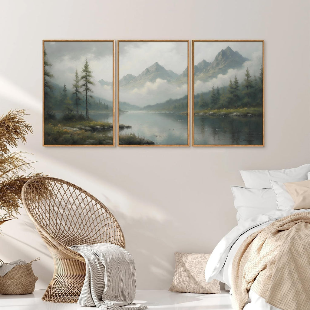 SIGNINART Large Green Forest Framed Canvas Wall Art Set, Misty Mountain Lake Scenery Wall Decor, Modern Foggy Wood Landscape Artwork, Oil Printing Style Nature Art Print for Living Room, Bedroom, Office 16 x24 x3