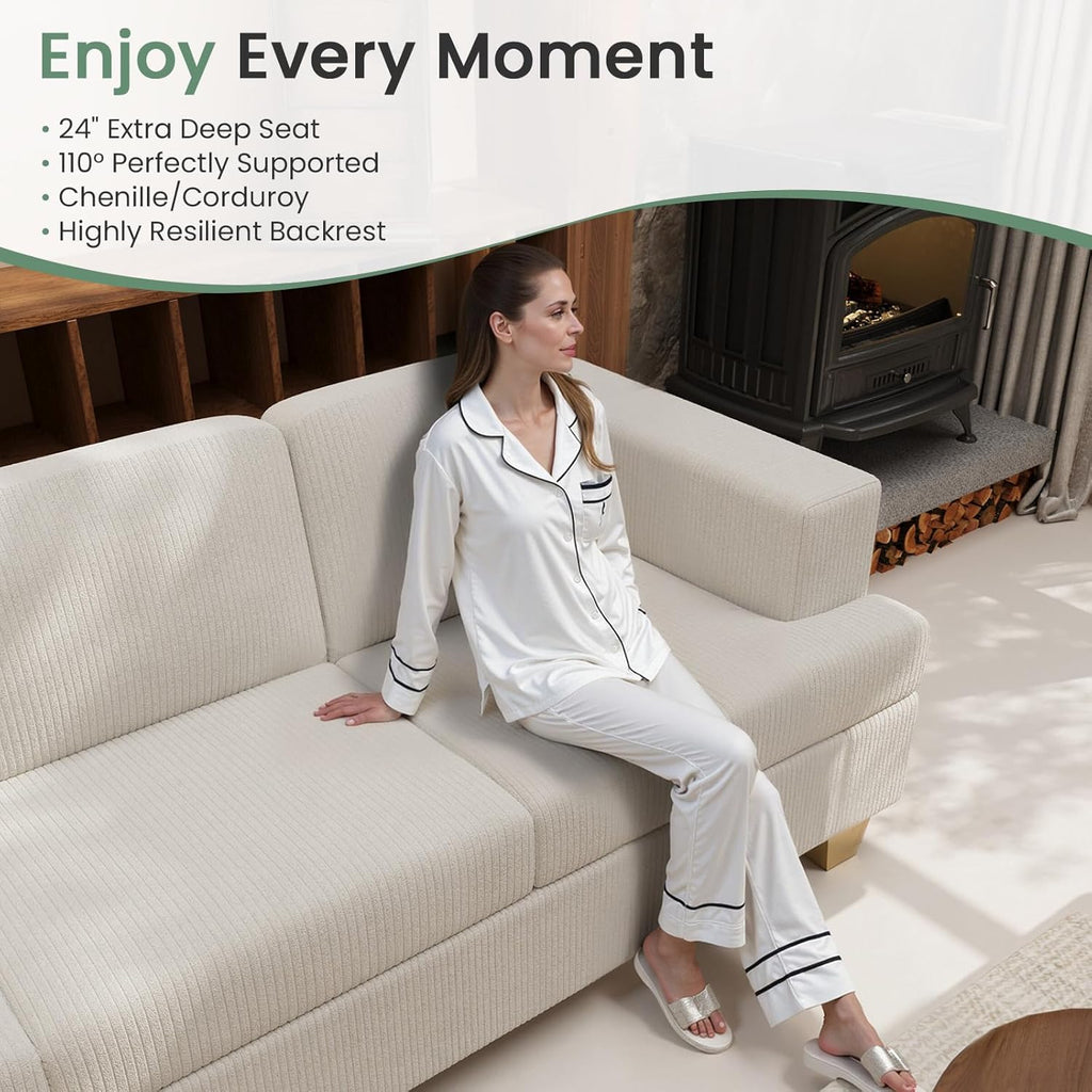 3 Pieces Corduroy Couch Set for Living Room, 3 Seater*2 & Loveseat Cloud Sofa, Deep Seat Floor Couch for Bedroom, Futon Modern Sofa Bed, White Corduroy