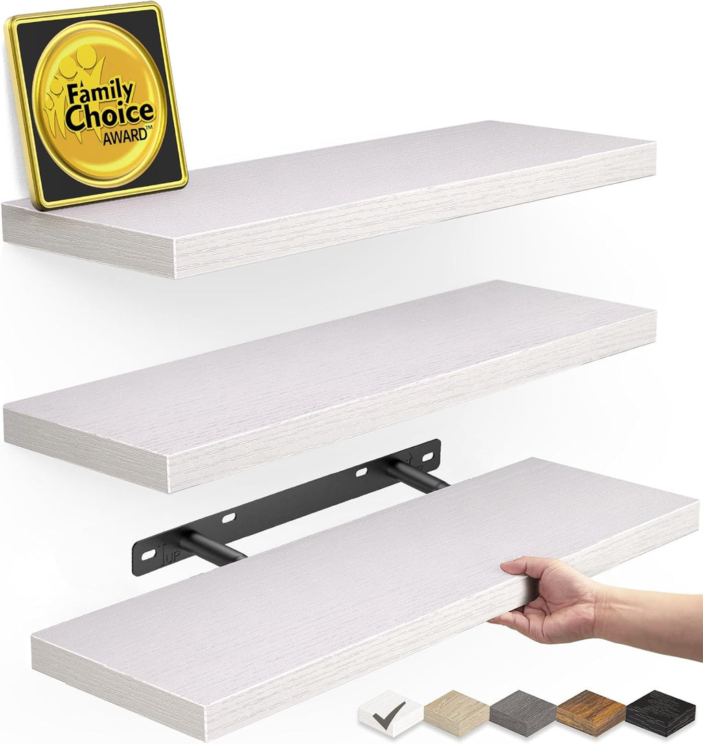 BAYKA Floating Shelves for Wall – Rustic Wood Wall Shelves with Metal Brackets for Bathroom, Bedroom, Kitchen, or Living Room Decor – White, Set of 3, Sturdy Storage with 22lb Capacity