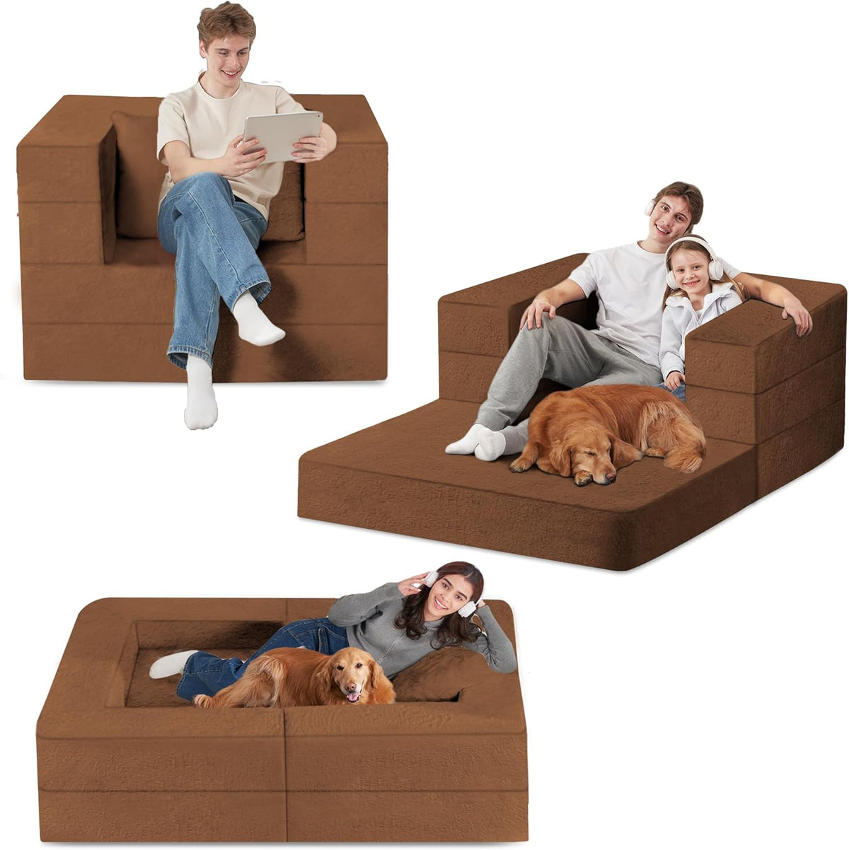 Folding Bean Bag Chair for Adults,3-in-1 Bean Bag Couch Faux Fur Floor Sofa Large Beanbag Convertible Bean Bag Sofa Bed with Pillow in Bedroom,Living Room,Apartment(Twin,Caramel)