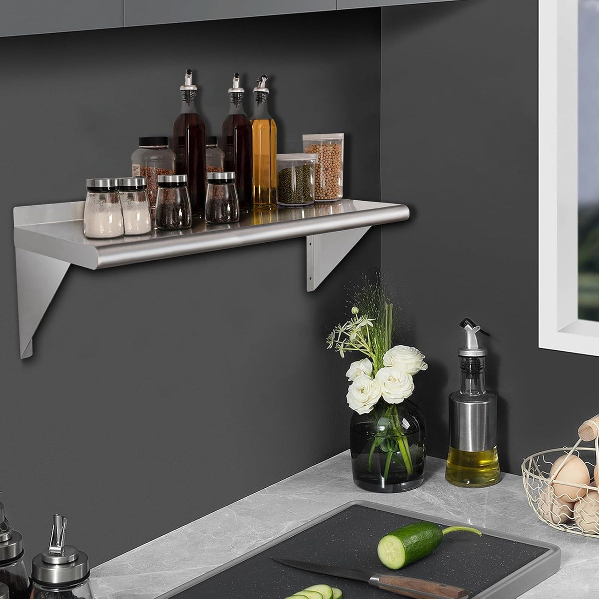 HARDURA Stainless Steel Shelf 12" x 60", 290lb Commercial Shelves Wall Mount Metal Shelving with Backsplash and Brackets for Kitchen, Restaurant, Laundry Room and Home