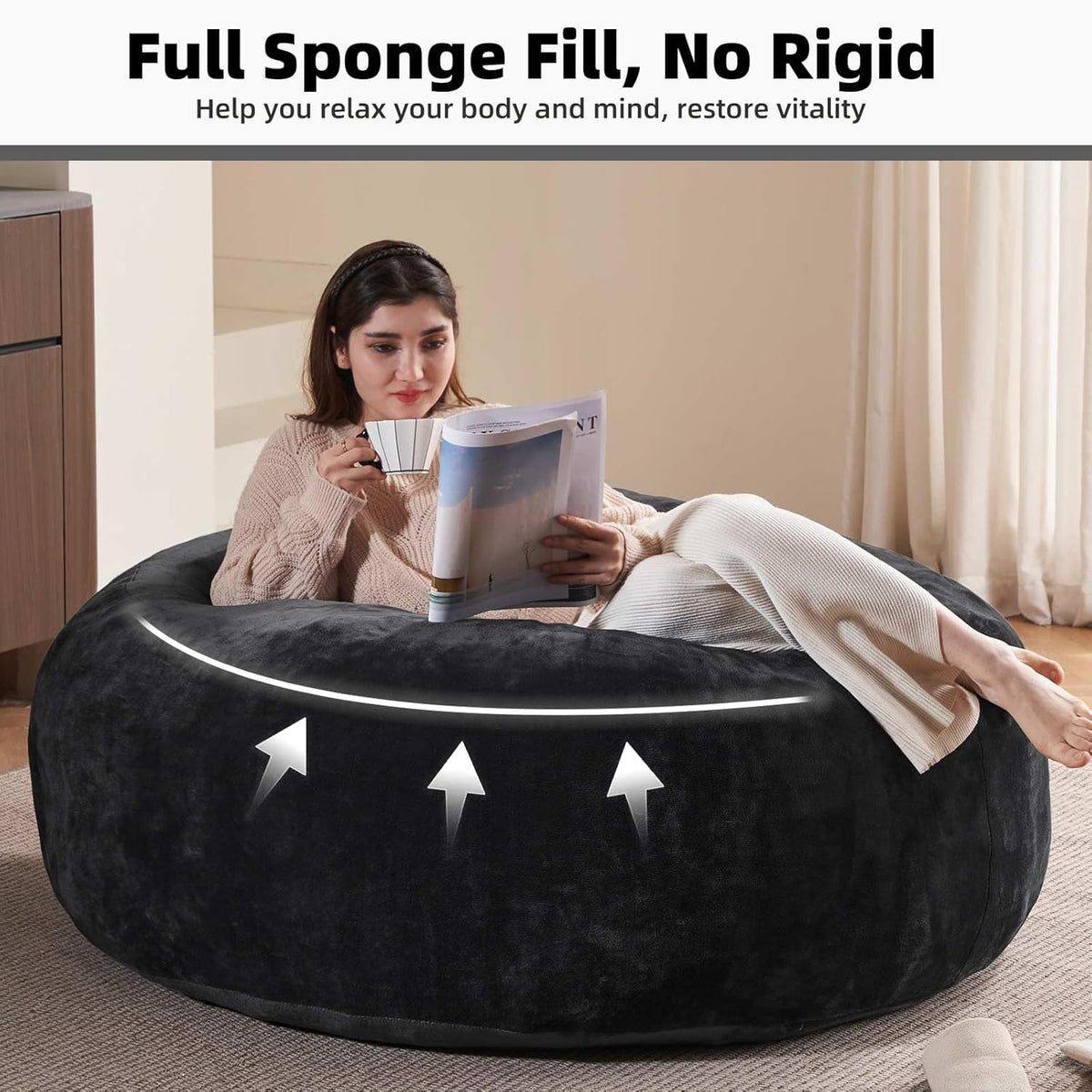 5FT，Big Bean Bag Chairs for Adults，Large beanbag with Filler Included，Memory Foam Material，Easy to Clean and Washable Corduroy Fabric，Suitable for Living Room and Bedroom (Black, 5 Foot)