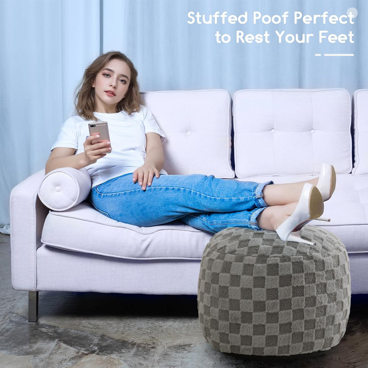 HIGOGOGO Round Stuffed Pouf Ottoman, Plaid Poufs with Foam Chunk Filling, Fluffy and Furry Pouf Foot Stool Storage Ottoman, 20 X 15 Floor Poufs Foot Rest for Living Room, Grey