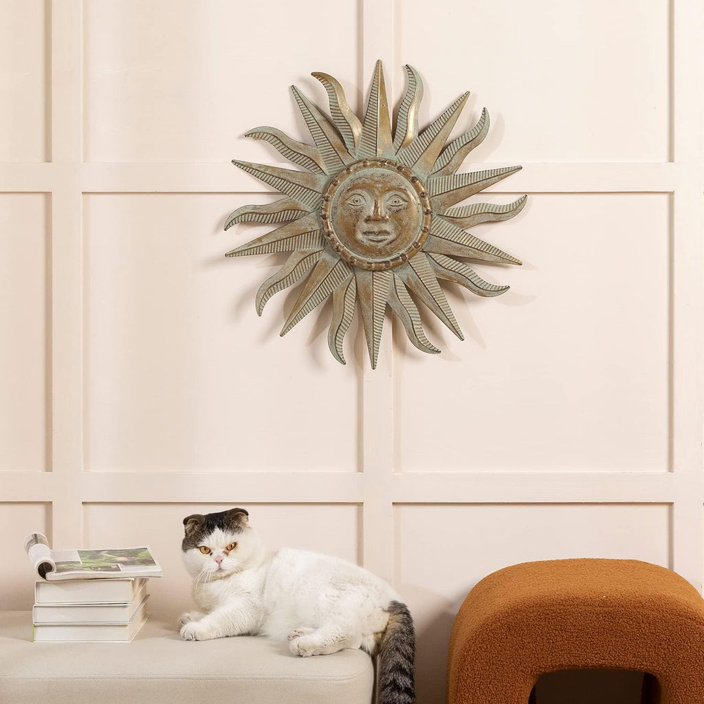 TICKCACY Metal Sun Wall Art Decor Sculpture, 3D Sun Wall Art Decoration Hanging for Outdoor Indoor Garden Farmhouse Yard Patio Living Room Bedroom, 21.65 Inch, Green-gold