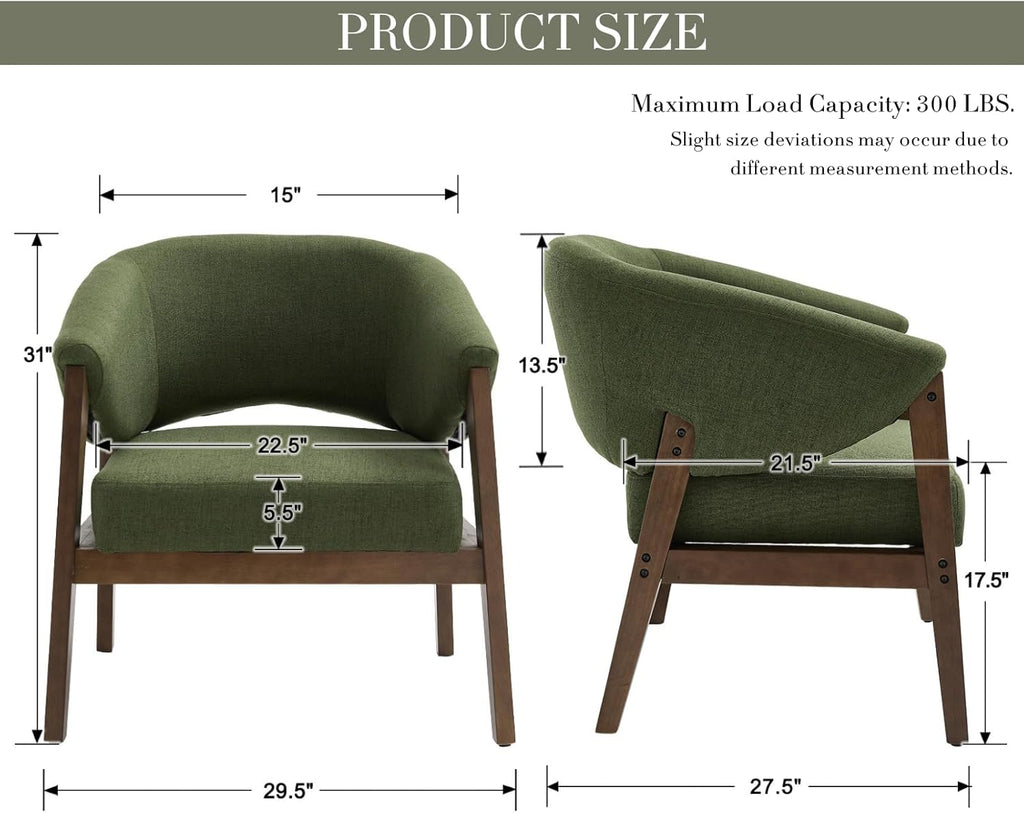 Mid-Century Modern Accent Chair, Comfy Barrel Armchair with Wide Seat, Upholstered Lounge Chair with Walnut Wood Legs for Living Room/Bedroom/Reading Corner, Linen Fabric, Deep Green, 1PC