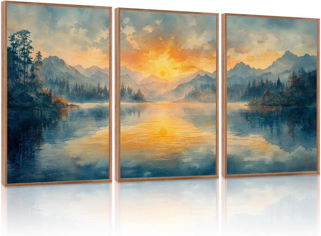 KAlRNE Sunset Mountain Canvas Wall Art,Abstract Scenery Wall Painting,Blue Landscape Lake Pictures,Watercolor Mountains Forests Art Prints For Living Room Bedroom Office Decoration - Framed 16X24 Inch