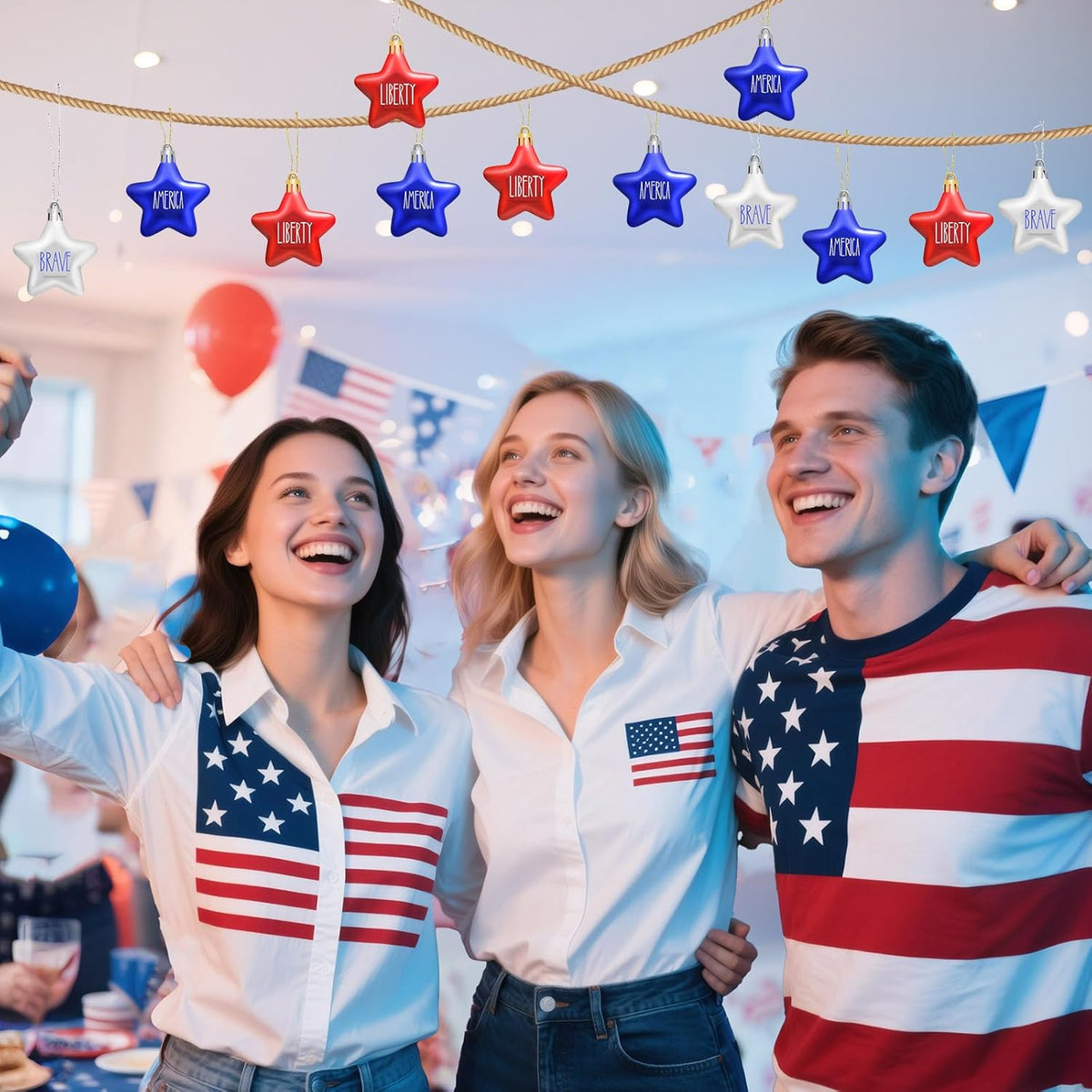JULMELON 24Pcs 4th of July Patriotic Hanging Star Ornaments for Tree, Independence Day Memorial Day Labor Day Hanging Small Star Decorations for Home Party Christmas Tree Decor, Blue Red and Silver