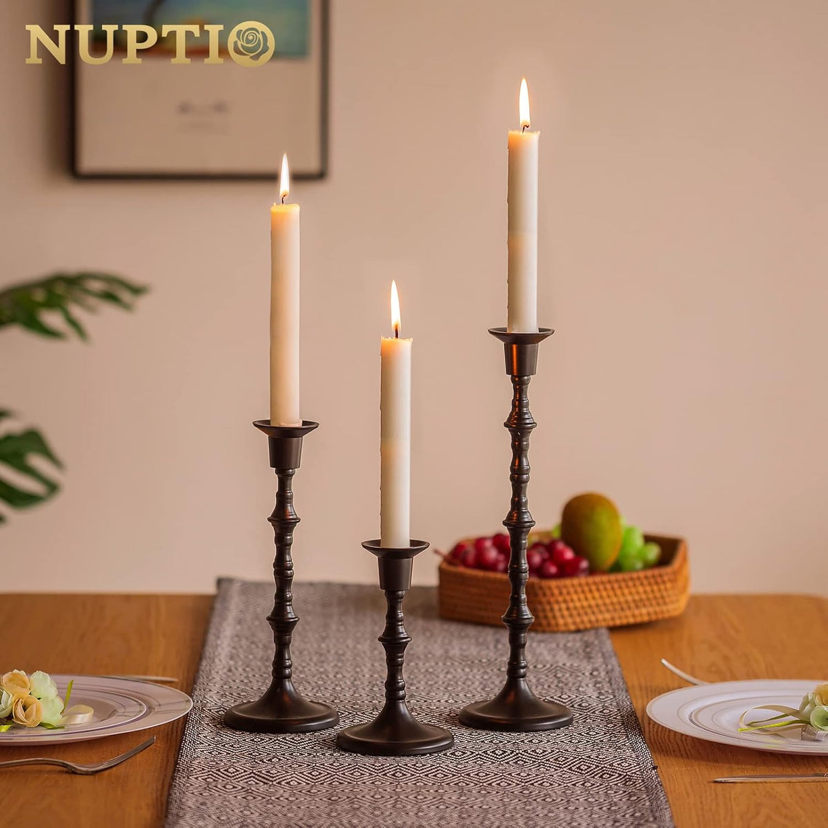 Nuptio Black Candle Holder Set of 3 Gothic Candlestick Holders for Taper Candles Metal Candle Sticks Candleholders Table Centerpieces for Dining Room Wedding Home Halloween Farmhouse Fireplace