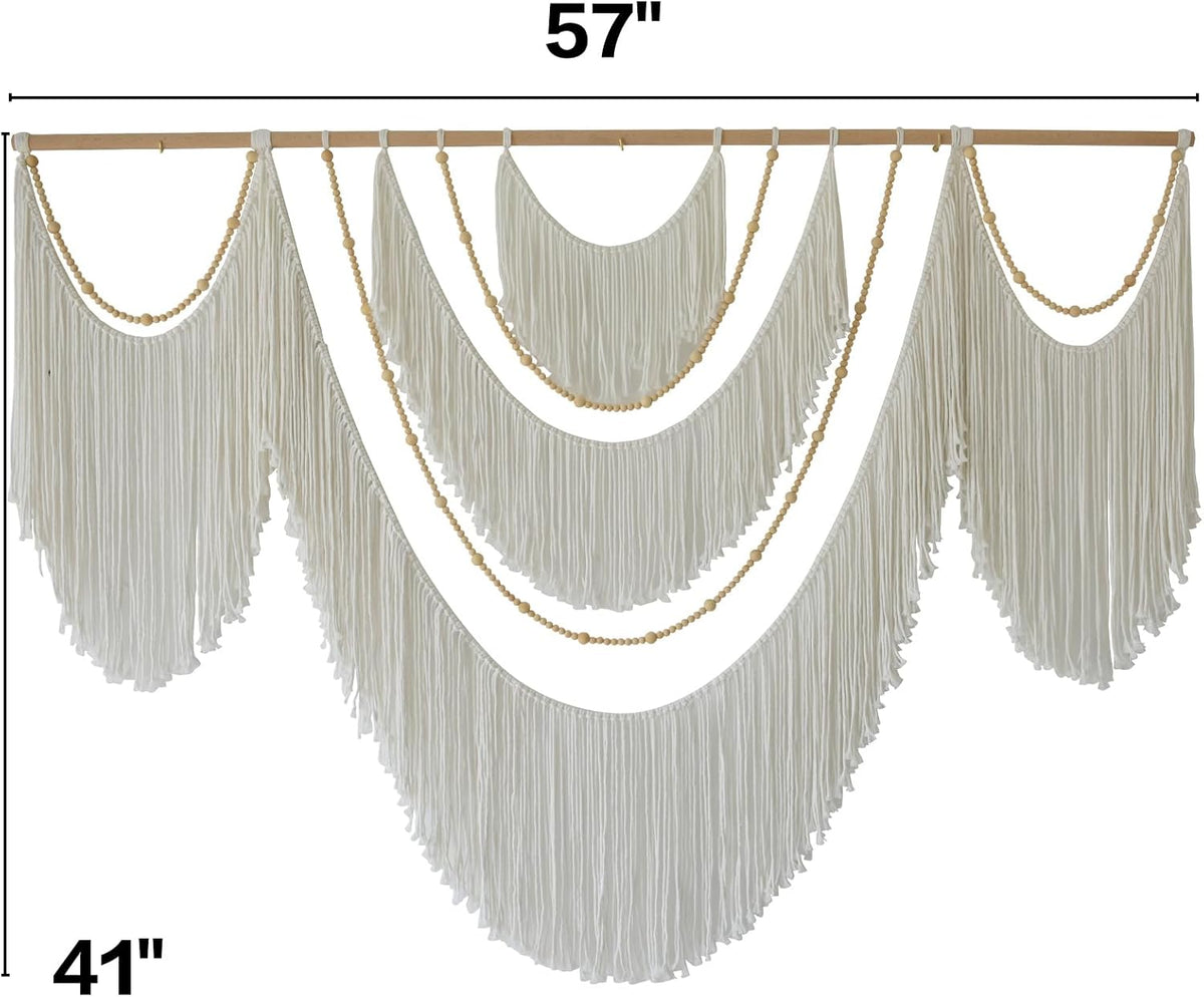 Flber Large Macrame Wall Hanging – Boho Yarn Art Garland with Tassels and Beads, Handmade Rope Decor for Nursery, Party, Wedding, Bedroom, Fireplace Mantel, or Photo Backdrop 57" W x 41" L