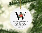 Andaz Press Personalized Our First Christmas As Mr. & Mrs. 2025 Christmas Ornaments Monogram Poinsettia 2.8" Round Porcelain Ceramic 1st Year Married Custom Ornament Keepsake for Newlyweds 1-Pack