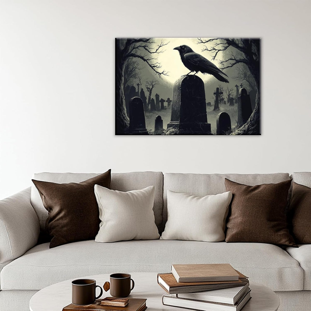 Crow Canvas Wall Art Gothic Black Bird On Branch Painting Print Spooky Forest Full Moon Scenery Poster Artwork Framed Halloween Home Decor(Artwork-3,24"x36")