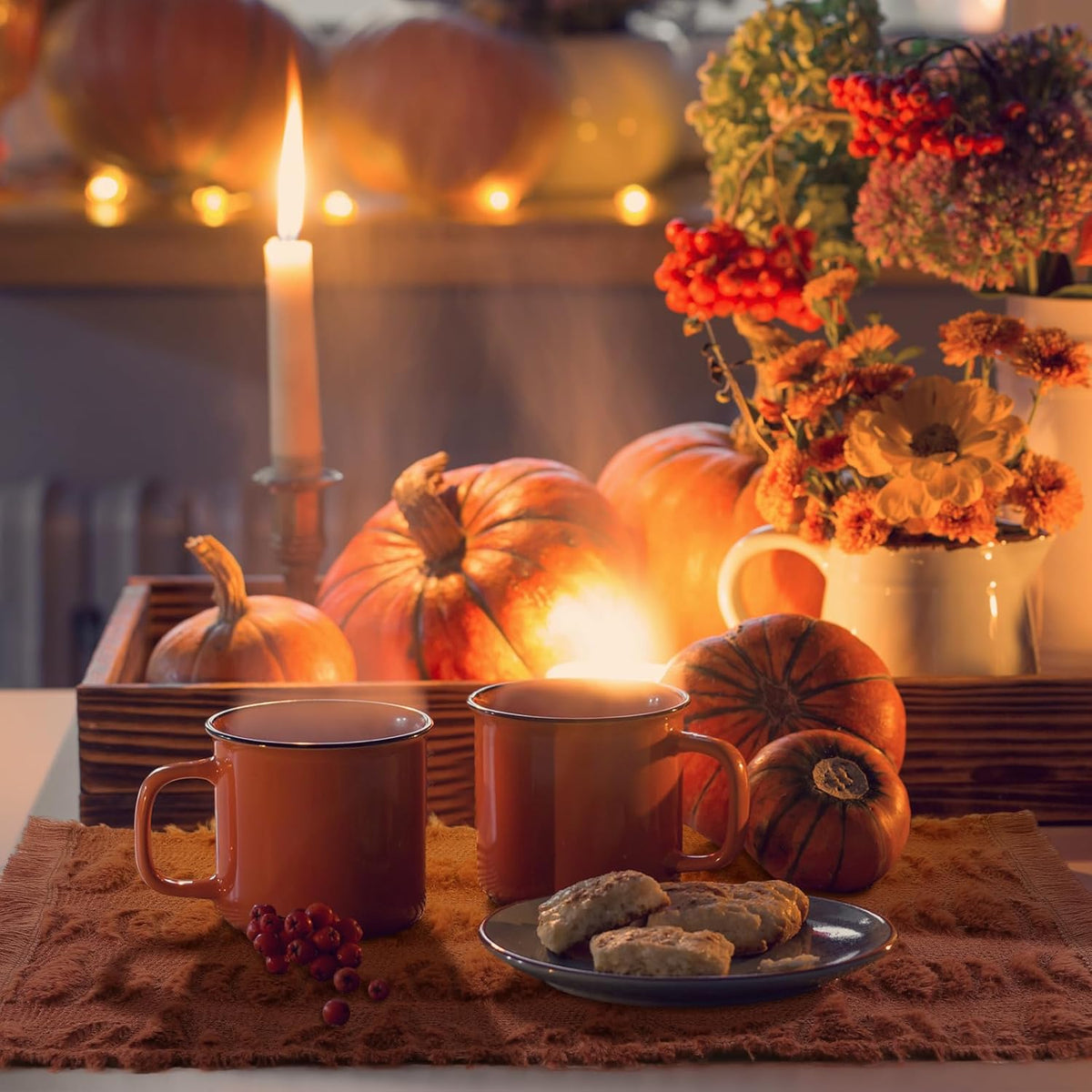 Nuanchu 4 PCS Rust Pumpkin Fall Placemats 13 x 19 Inch Autumn Harvest Soft Plush Faux Fur Wool Table Mats Thanksgiving Placemats for Party Kitchen Dining Decoration