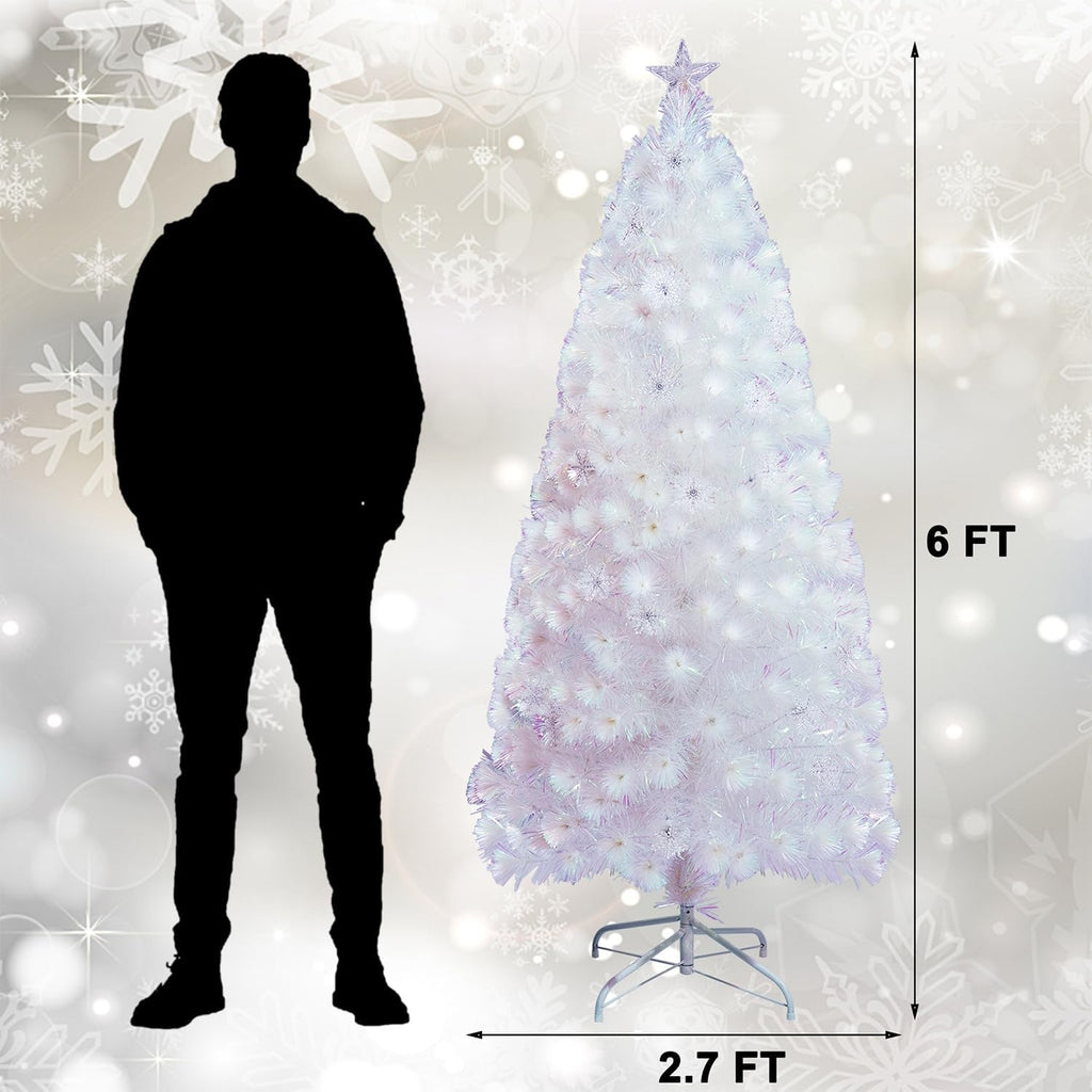 Juegoal 6ft Pre-Lit Artificial Christmas Tree, Lighted Optical Fiber Xmas Trees with Color Changing LED Lights, Snowflakes & Top Star, Party Home Holiday Fake Multicolored Tree with Metal Legs, White