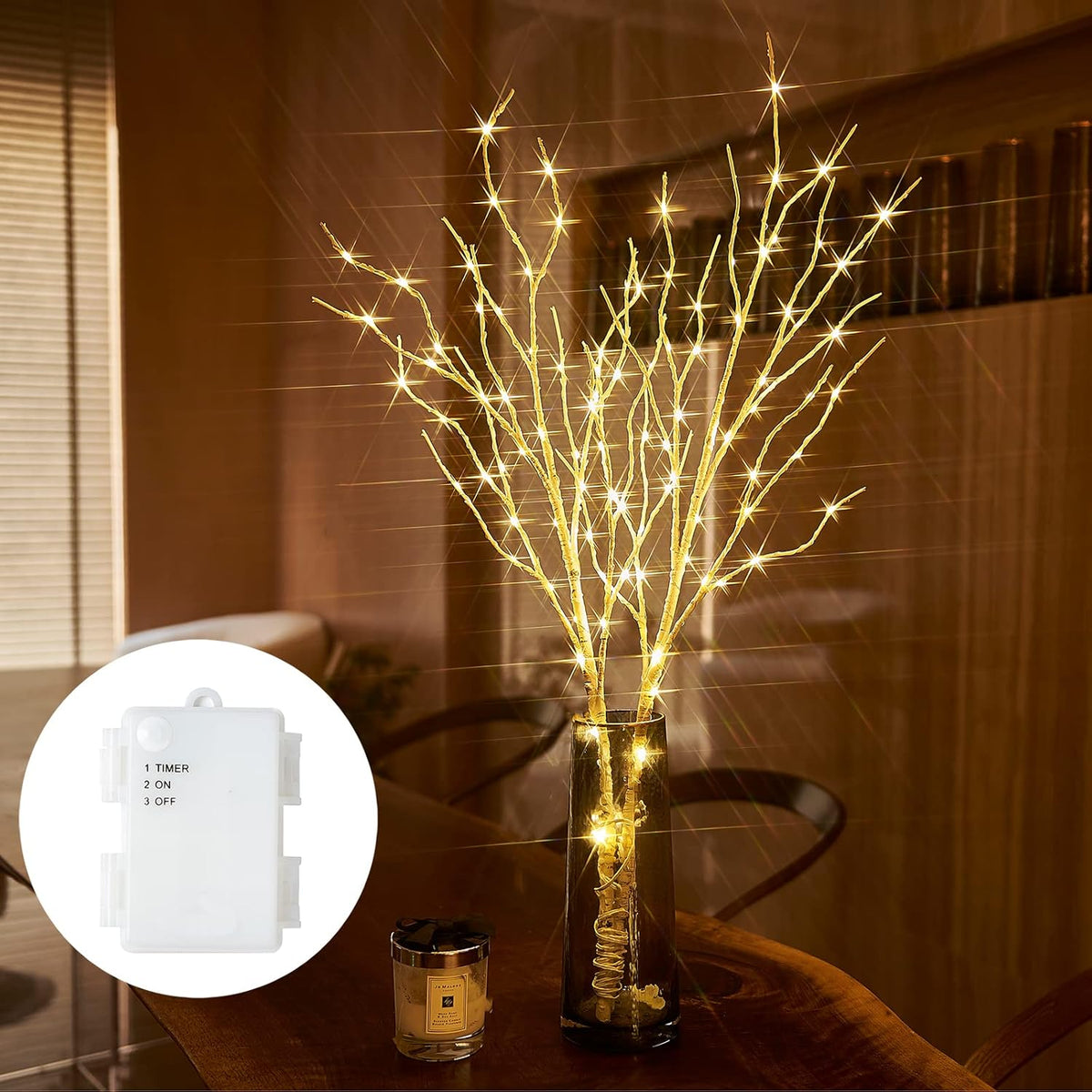 Birchlitland Lighted Birch Branches 32IN 100 LED with Timer Battery Operated, Artificial Tree Branch with Warm,Willow Branch Lights for Home Bedroom Fireplace Christmas Holiday Decoration