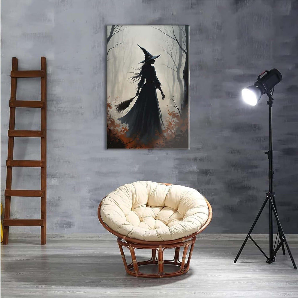 Vintage forest witch silhouette poster Halloween mural poster decoration mural art magic suitable for home living room bedroom16x24in Wood Framed