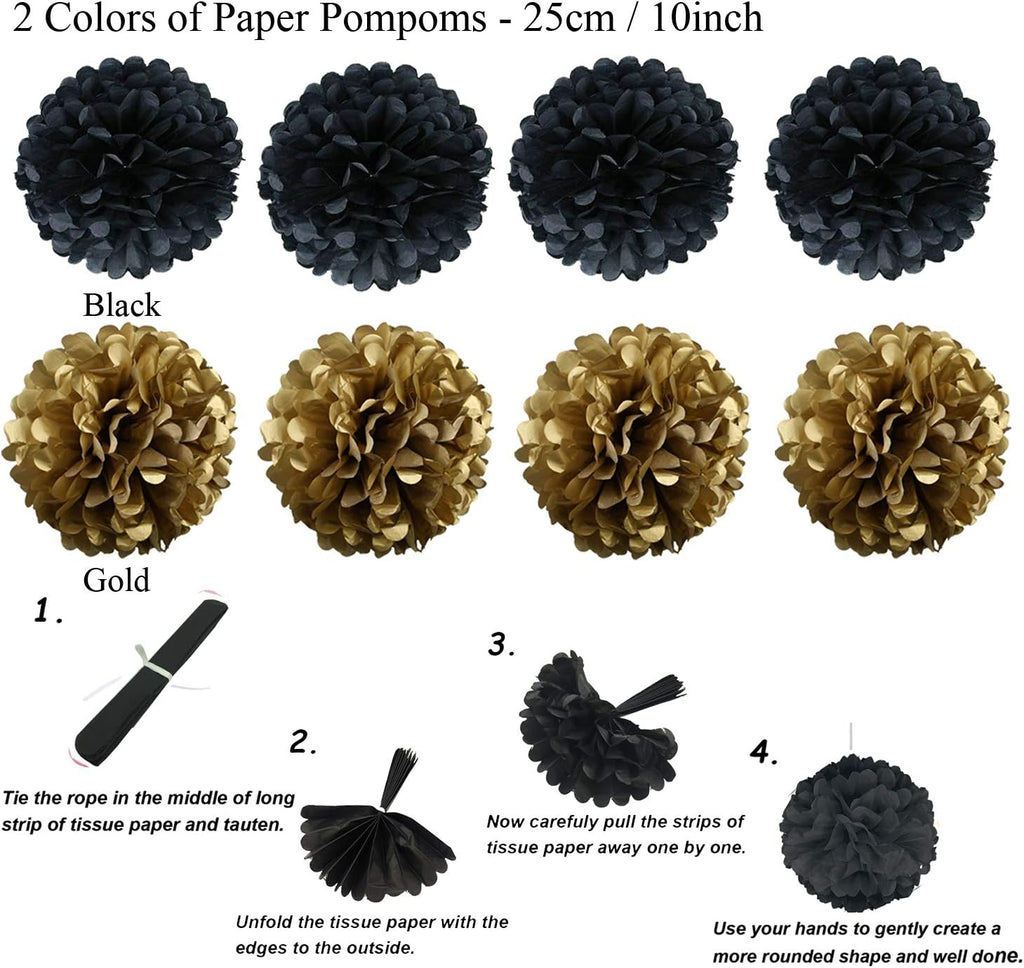 ZERODECO Party Decoration, 21 Pcs Black and Gold Hanging Paper Fans, Pom Poms Flowers, Garlands String Polka Dot and Triangle Bunting Flags for Birthday Parties Wedding Décor, Table & Wall Decorations