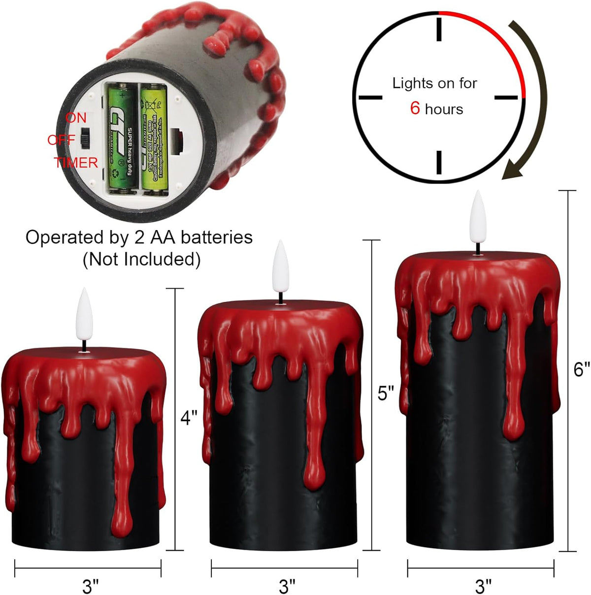 Wondise Halloween Flameless Candles with 6H Timer, Battery Operated Dripping Real Wax Black LED Pillar Candles 3D Wick Flickering Spooky Halloween Indoor Decoration (3 Pack, 3 x 4,5,6 Inches)