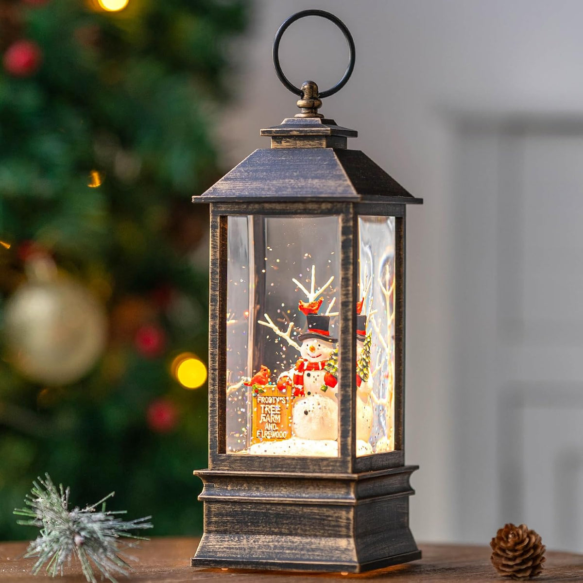 Christmas Snow Globe Water Glittering Farm Snowman with Music & Timer, USB Lined/Battery Operated Lighted Lantern for Christmas Festival Decoration Gifts