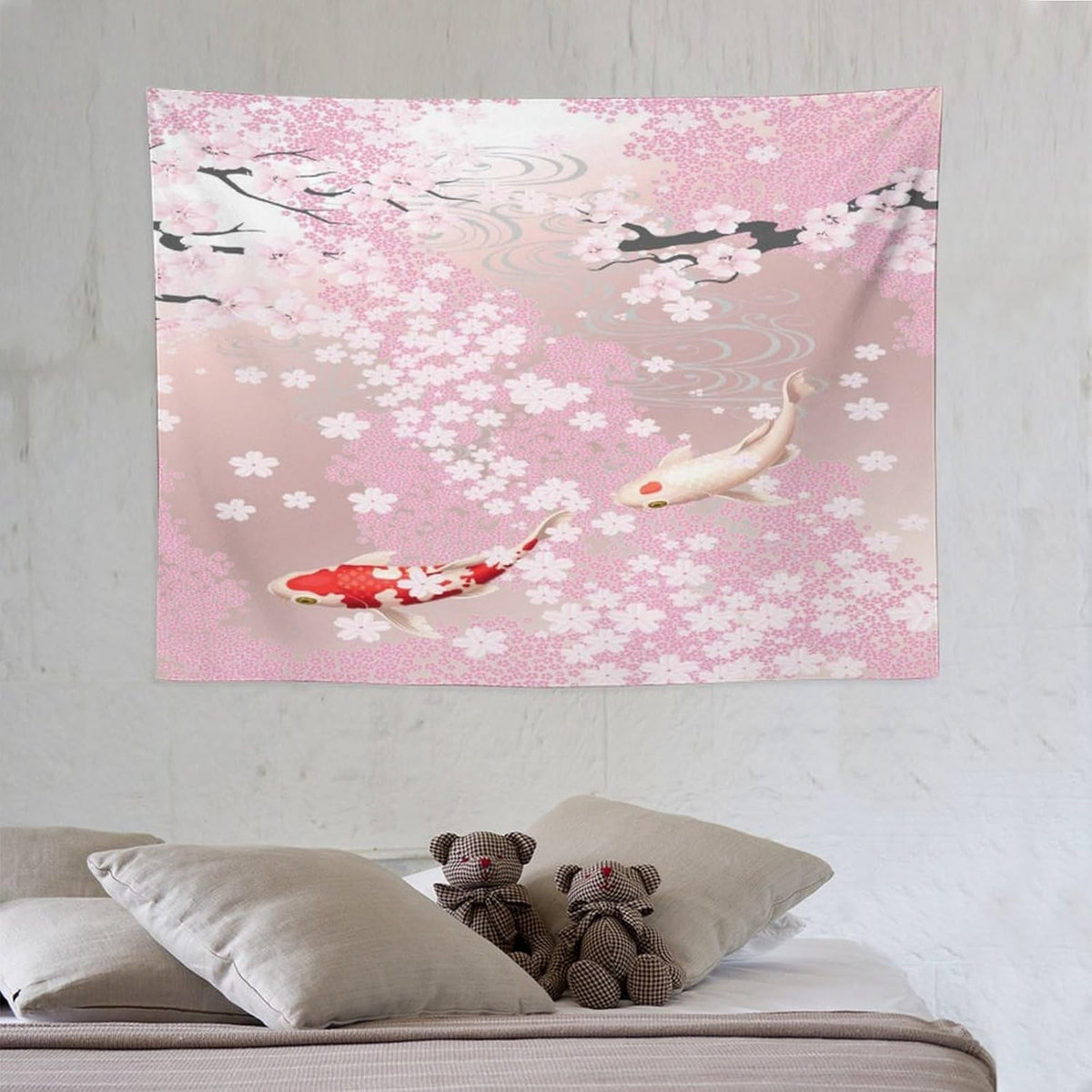 Houselerax Japanese Koi Fish Tapestry, Cherry Blossoms Asian Oriental Pink Flower Branch Koi Fish Carp Tapestries Wall Hanging for Bedroom Living Room Office Decor 40"x30"