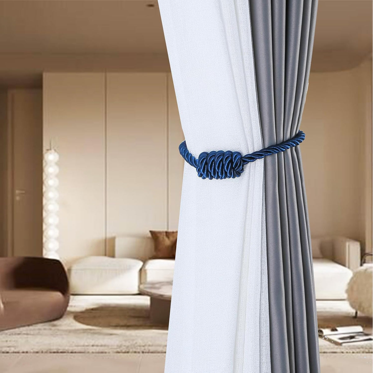 Fenghuangwu 2Pack Magnetic Curtain Tiebacks – Bohemian Style Handmade Woven Tie-Backs for Drapes,Elegant Exquisite Knot Holdbacks,Outdoor Boho & Modern Home Decor（Navy