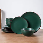 Famiware Venus Plates and Bowls Sets, 12 Pieces Stoneware Speckled Dinnerware Sets, Dishes Set for 4, Microwave and Dishwasher Safe, Matte Dark Green