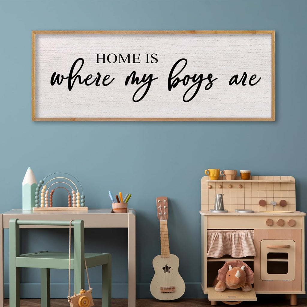 Home Is Where My Boys Are Wall Decor 40"×15" mom and her boys Sign for boys room Playroom Large Wood Framed Wall Hanging Art (Wood)