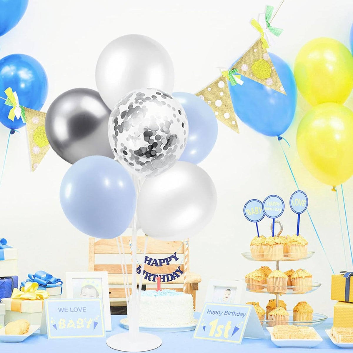 Baby Blue and Silver Balloon Stand Centerpiece Table Decorations for Baby Shower Wedding Engagement Bridal Shower Anniversary Birthday Party Decorations(Baby blue silver set4)