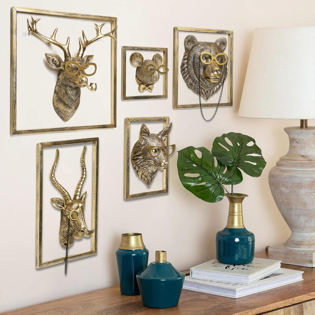 Animal Heads Wall Decor (5pcs, Includes Metal Frame) Resin Animals Sculptures Head Wall Hanging Decoration Gold vintage Wall Sculpture for Living Room Bedroom Office