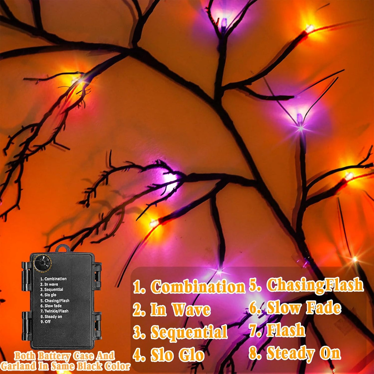 [8 Modes & Timer] Halloween Decorations Willow Vine Twig Garland, 6 FT 54LED Willow Vine Twig Lights Orange Purple LED Lights for Indoor Wall Fireplace Halloween Decorations