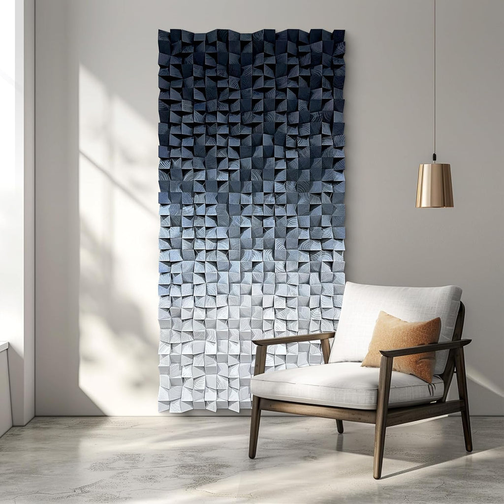 LIUZEYUE - 3D wooden block decoration painting art wall decoration 3D wooden background wall living room bedroom study (blue gray gradient) 27.5"x55.1"