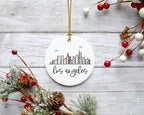 Andaz Press Round Ceramic Porcelain Christmas Tree Ornament Keepsake Gift, Los Angeles, Colorful City Skyline Graphic, 1-Pack, Birthday Ideas Family Coworker Him Her, Includes Gift Box