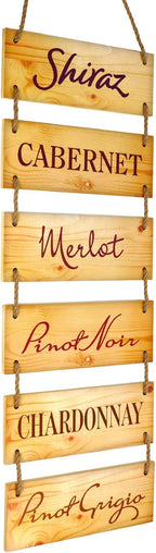 EXCELLO GLOBAL PRODUCTS Large Hanging Wall Sign: Rustic Wooden Decor (Shiraz, Cabernet, Merlot, Pinot Noir, Chardonnay, Pinot Grigio) Hanging Wood Wall Decoration (11.75" x 32")