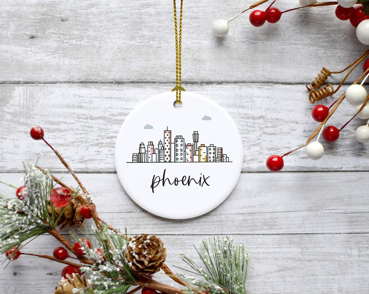 Andaz Press Round Ceramic Porcelain Christmas Tree Ornament Keepsake, Phoenix Colorful City Skyline Graphic, 1-Pack, Birthday Gift Ideas Family Coworker Him Her, Includes Gift Box