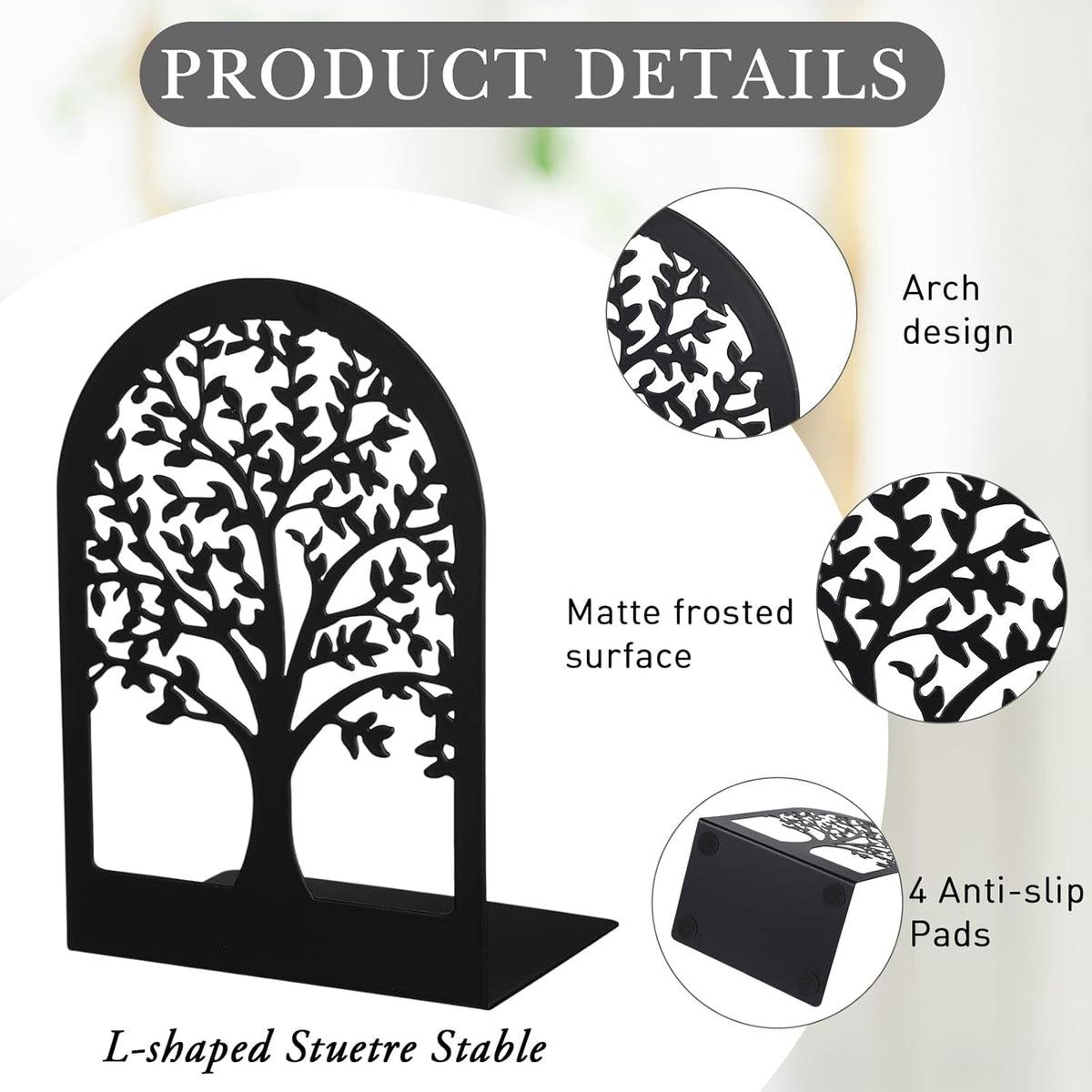 Faccito 5 Pairs Book Ends, Black Metal Bookends for Shelves Decorative, Non Skid Tree Stopper and Flower Shelf Holder for Heavy Books, Home Office School Supplies(Modern)