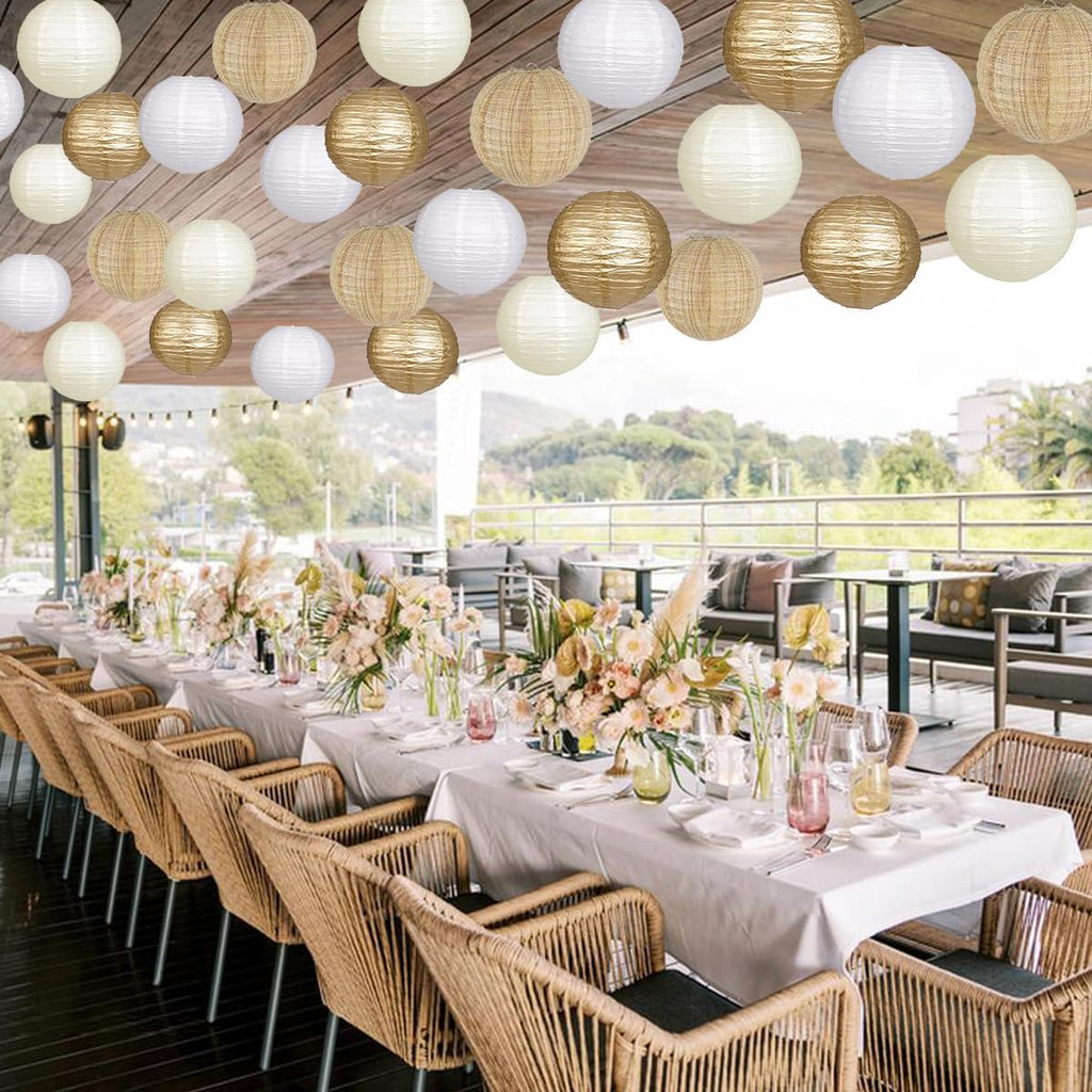 Paper Lanterns Gold White Round Hanging Chinese Lanterns for Wedding Birthday Party Boho Baby Shower Decorations Pack of 12