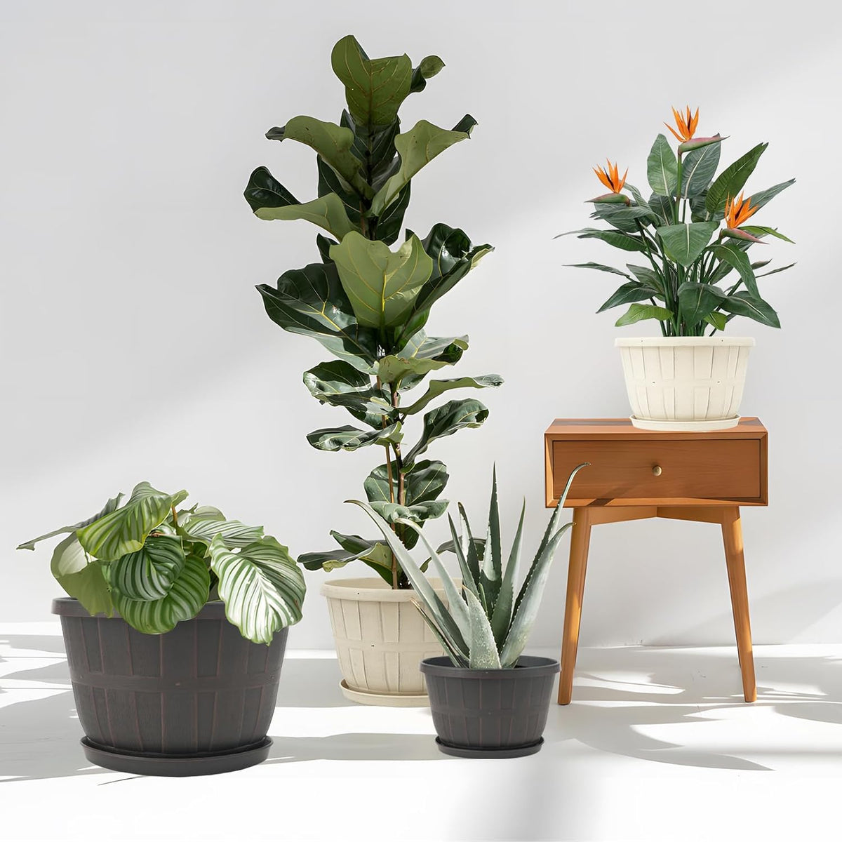 Quarut 12 Inch Large Planter Pot for Plants Indoor Outdoor, 4 Pack Plastic Flower Pots with Drainage Hole & Tray, Modern Decorative Garden Pot with Saucer, Plant Container for House（White）