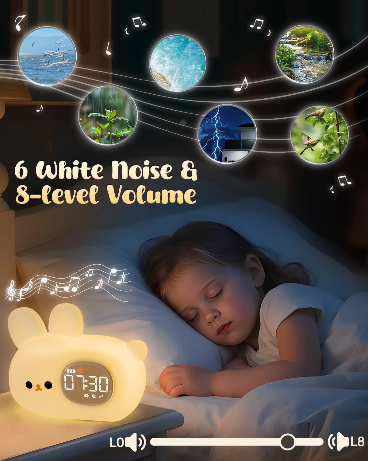 Bunny Alarm Clock for Kids with Night Light, Sleep Training Clock Time to Wake Clock, Rechargeable Silicone Light for Bedroom, Perfect Sleep Companion for Boys Girls
