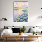 The hydrangea scenery all over the lake at sunset is suitable for posting in the living room bedroom office landscape poster wall painting