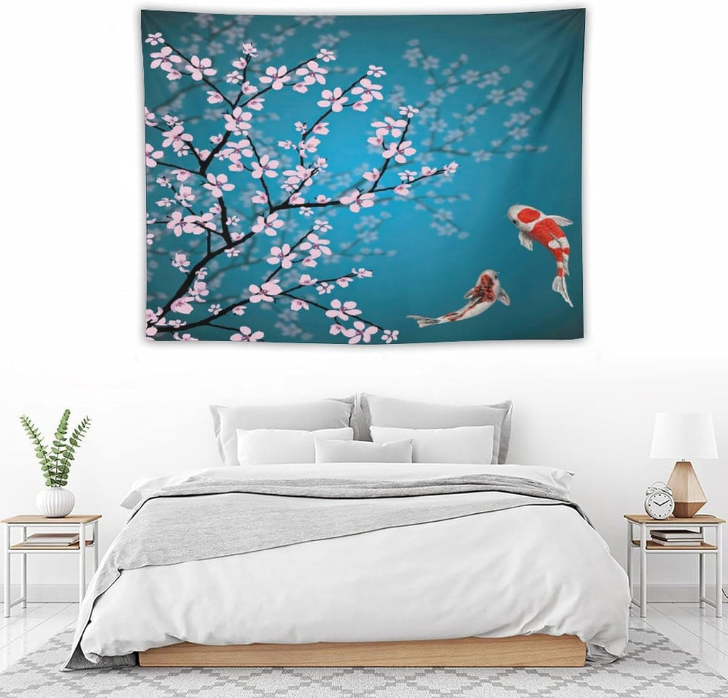 Japanese Koi Fish Tapestry, Cherry Blossoms Asian Oriental Green Teal Flower Branch Koi Fish Carp Tapestries Wall Hanging for Bedroom Living Room Office Decor 40"x30"