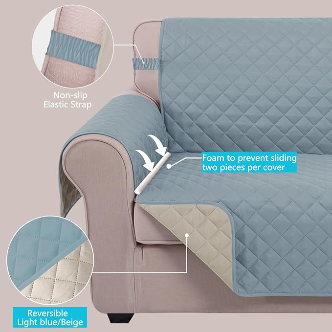 U-NICE HOME Reversible Recliner Chair Covers, Light Blue/Beige | 28''Recliner - Image 3