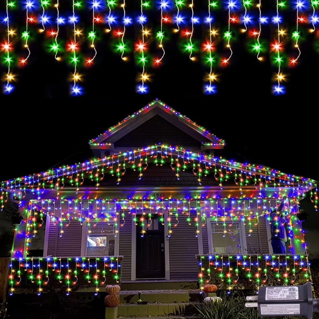 QITONG Multicolor Icicle Christmas Lights Outdoor, 33ft 400 LED Icicle Lights Indoor, Clear Wire Connectable String Lights Plug in with 8 Modes