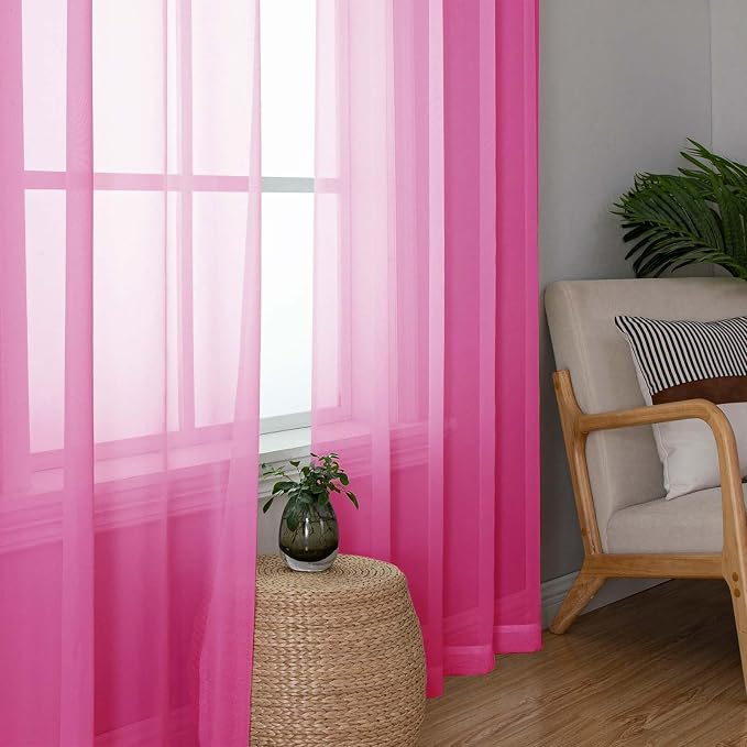 Hot Pink Sheer Curtains 96 Inches Long 2 Panels, Rod Pockets Solid Voile Living - Image 2