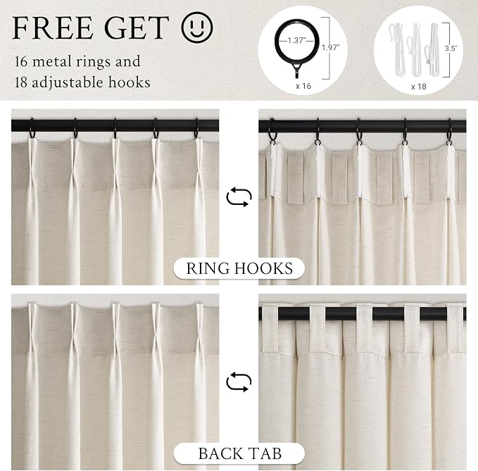 Topfinel 102 Inch Curtains 2 Panels Set, Two Packs Pinch Pleat Back Tab Linen - Image 6