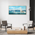 XLSJERST Blue Canvas Wall Art Seascape Painting - Landscape Picture Textured Navy Modern Sailboat Ocean Artwork Framed for Living Room Bedroom Bathroom Home Office Wall Decor Large Size 20"x40"