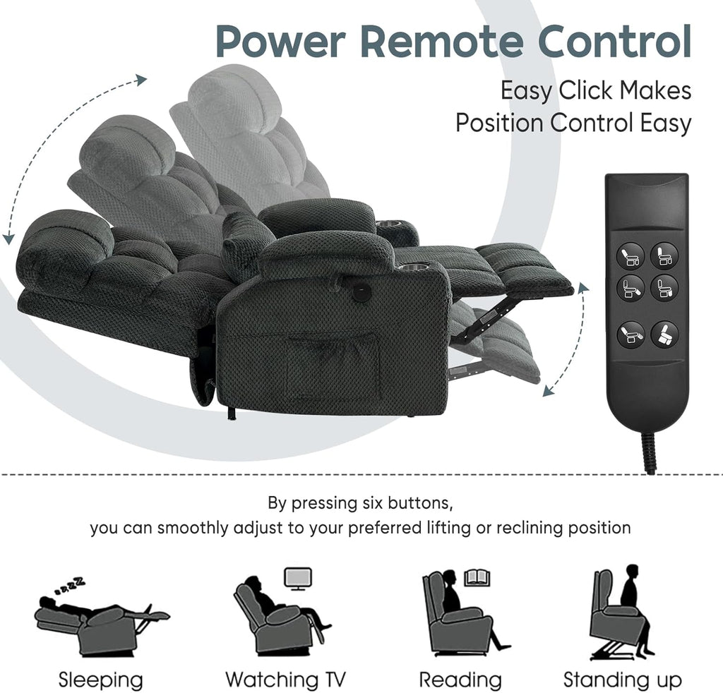 Oversized Dual Motor Lay Flat Power Lift Recliner Chair Set of 2 for Elderly with Massage and Heat, Textile Large Recliner Chair, Lift Chairs Recliner with Lumbar Pillow, Cup Holder, Grey