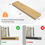 Floating Shelves for Wall, 31.5" W x 6.7" D x 1.5" H, Wooden Wall Mounted Display Shelves with Invisible Brackets for Living Room, Bedroom, Bathroom, Kitchen Decor and Storage, Set of 2, Oak