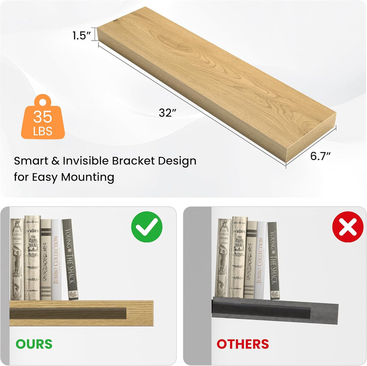 Floating Shelves for Wall, 31.5" W x 6.7" D x 1.5" H, Wooden Wall Mounted Display Shelves with Invisible Brackets for Living Room, Bedroom, Bathroom, Kitchen Decor and Storage, Set of 2, Oak