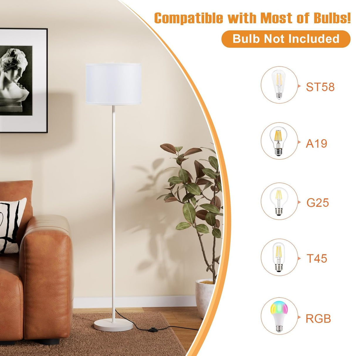 Ambimall 60'' Modern Floor Lamp with Shade, Tall Lamps for Living Room, Bedroom, Office, Dining Room, White Shade with White Pole(Without Bulb)