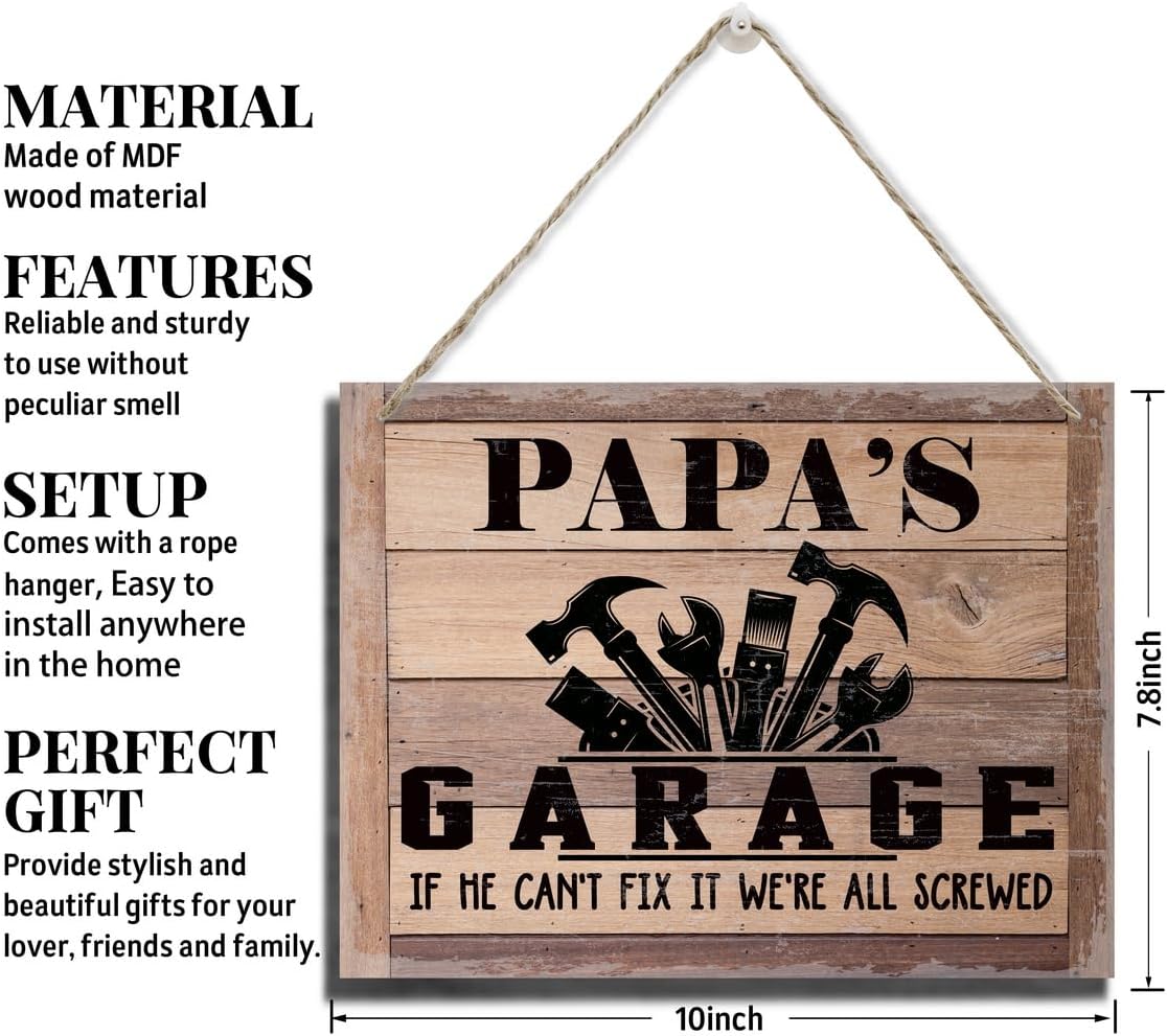 Rustic Sign, Father's Day Gift, Dad's Gift, Grandpa's Gift, Decor Hanging Wood Signs, Printed Wood Wall Art Sign, Papa's Garage, If He Can't Fix It We're All Screwed, Vintage Sign Gift for Grandpa