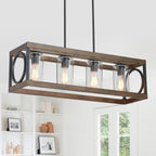 XINGQI Rectangle Chandeliers 31.5" Farmhouse Kitchen Island Lighting Fixture Over Table Modern Vintage Linear Hanging 4-Light for Dining Room Living Room Black Wood Grain Finish with Glass Lampshade